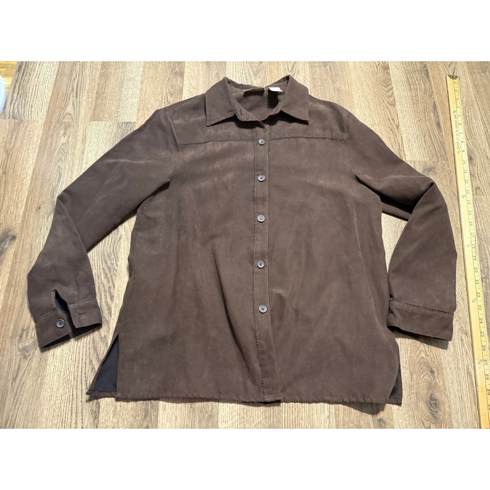 Studio Works Shirts Womens Size M Brown Button Up Long Sleeve Faux Suede